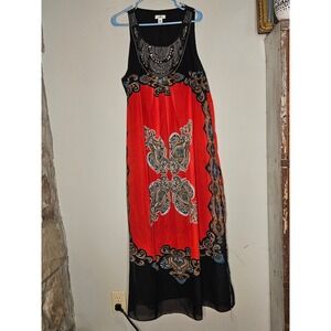 Woman 20W Sleeveless Maxi Dress Red Black Boho Cruise Flowy Comfy‎ Gypsy Beading